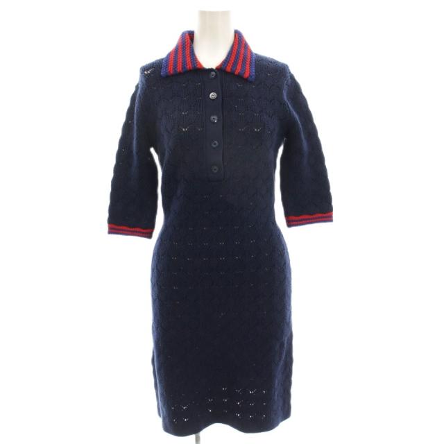【中古】グッチ GUCCI レースポロワンピース 半袖 ひざ丈 S 紺 792041 /KH レディース