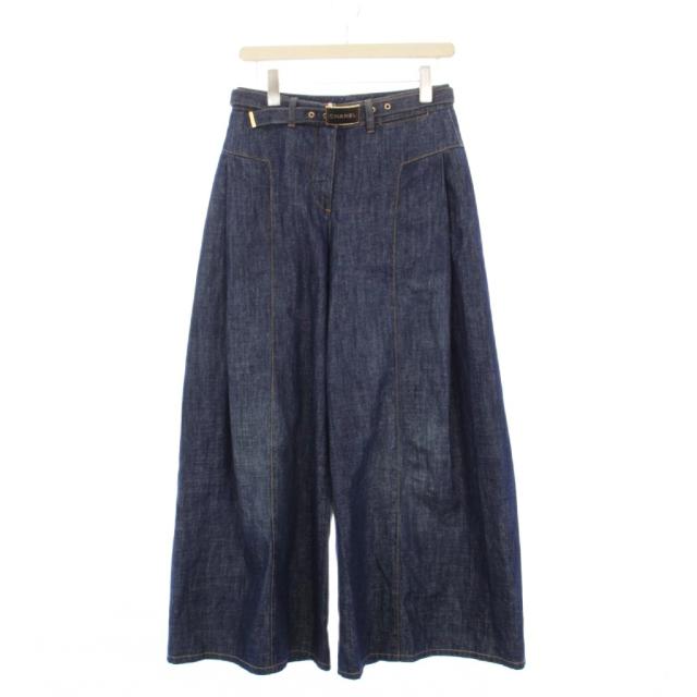 【中古】シャネル CHANEL 23年製 ロゴ バックル デニムパンツ ジーンズ ワイド 36 青 P74945V66449 /KH レディース