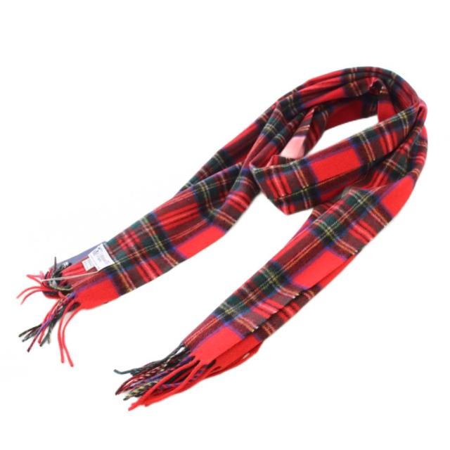 【中古】未使用品 ジョンストンズオブエルガン Johnstons of Elgin マフラー フリンジ チェック柄 カシミヤ 赤