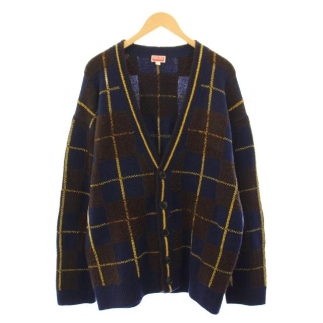 【中古】ケンゾー KENZO ニットカーディガン 長袖 Vネック ウール チェック柄 L 茶 ブラウン 紺 ネイビー 黄色