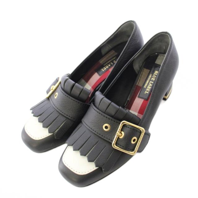 【中古】ブルーレーベルクレストブリッジ ローファー パンプス スクエアトゥ チャンキーヒール レザー 黒 白