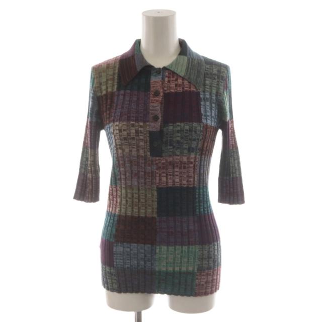 【中古】プラダ PRADA ニットポロシャツ 絹 シルク混 38 マルチカラー パッチワーク柄 リブニット 七分袖 P24C1P