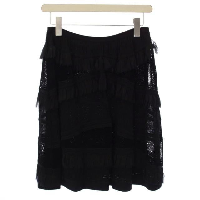 【中古】シャネル CHANEL フレアスカート イージー ひざ丈 ウエストゴム ストレッチ フリル 切替 38 黒 ブラック