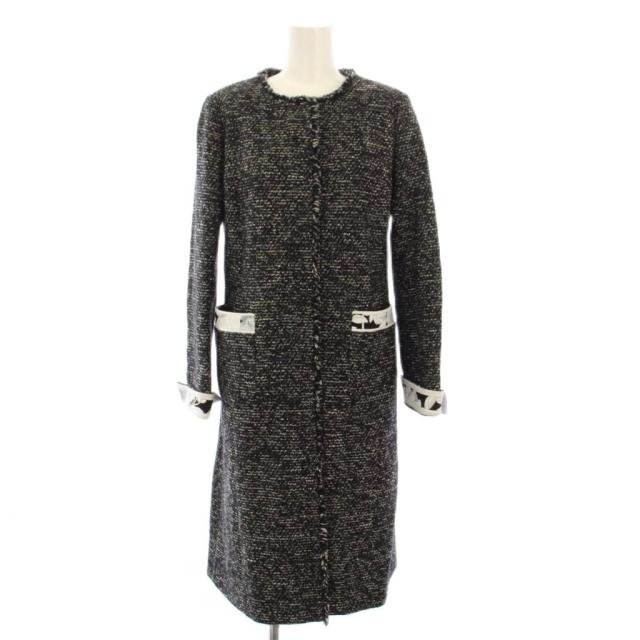 【中古】レオナール LEONARD FASHION ツイードノーカラーコート ロング 36 黒 0378851 /KH レディース