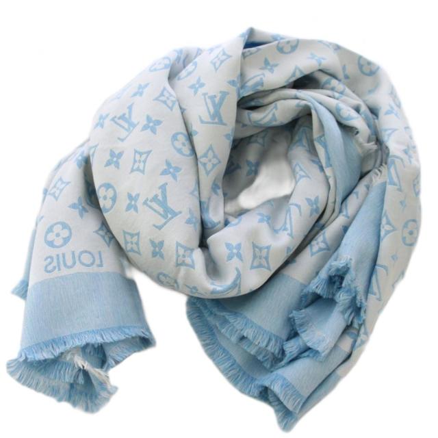 【中古】ルイヴィトン LOUIS VUITTON T-Shirting Monogram Shawl ショール モノグラム ストール 青 白 レディース