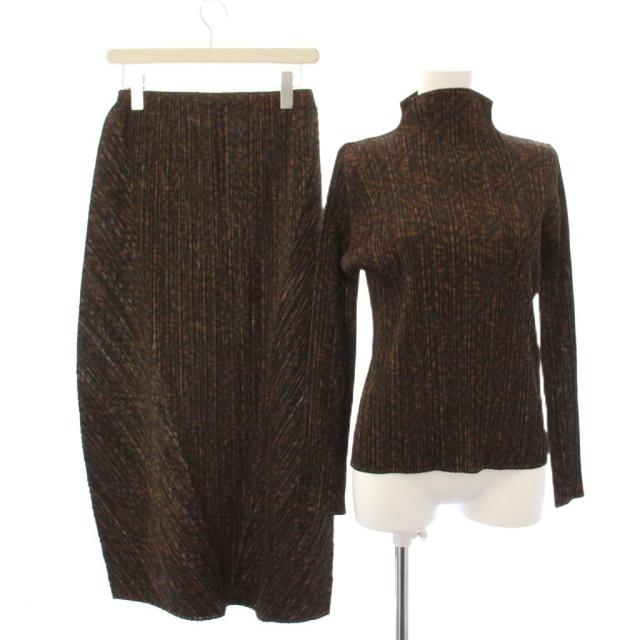 【中古】プリーツプリーズ PLEATS PLEASE イッセイミヤケ セットアップ カットソー スカート 総柄 3 茶 黒