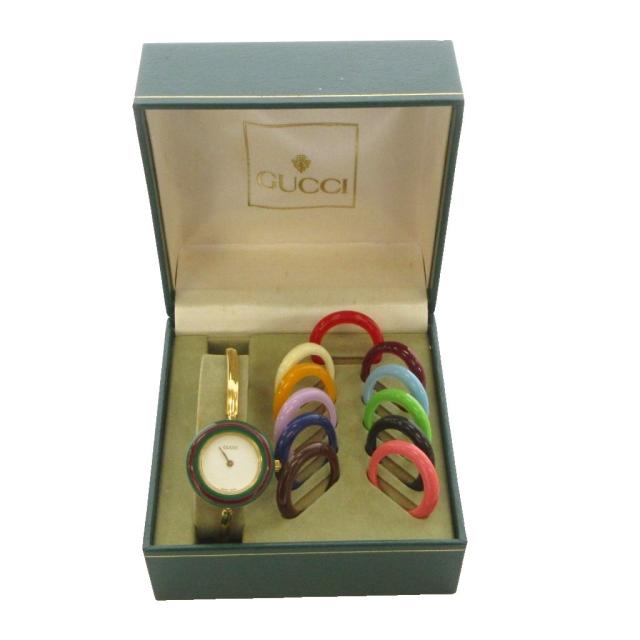 【中古】グッチ GUCCI チェンジベゼル ウォッチ 腕時計 アナログ 2針 クォーツ ゴールド色 白 ホワイト 11/12.2