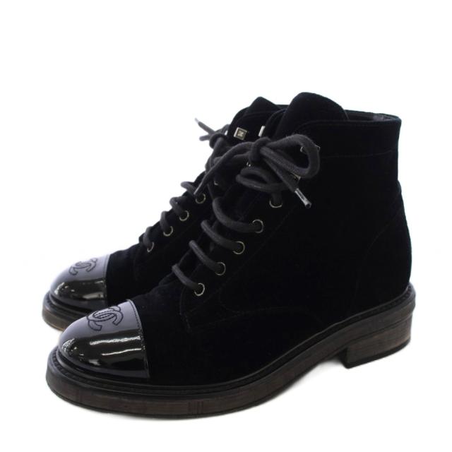 【中古】シャネル CHANEL レースアップコンバットブーツ ベルベット ココマーク 37C 黒 G34958 /KH レディース