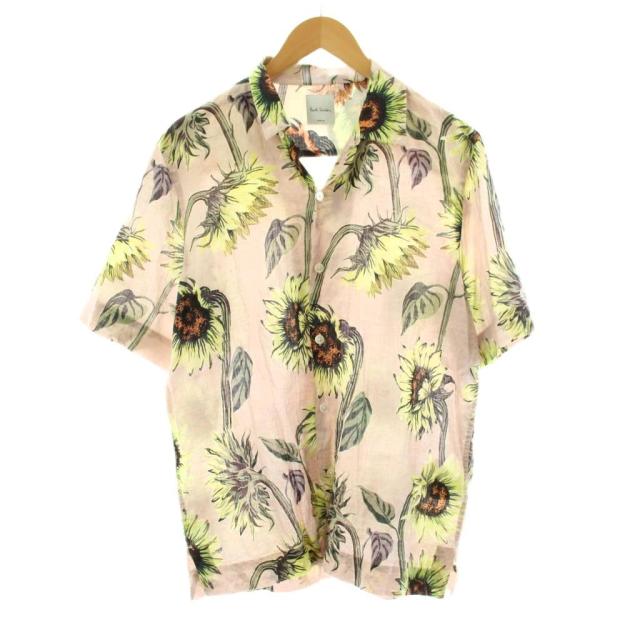 【中古】ポールスミス Sunflower オープンカラーシャツ アロハシャツ 半袖 シアサッカー ひまわり柄 リネン M ピンク