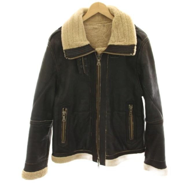 【中古】バーバリーブラックレーベル レザージャケット 上着 L 黒 ブラック ベージュ ボア襟 無地 BMP25-323-58 /HN