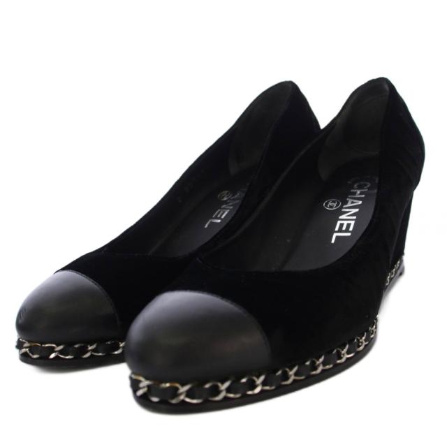 【中古】シャネル CHANEL パンプス ウェッジソール ココマークステッチ ベロア チェーン 36C 黒 G27984 レディース