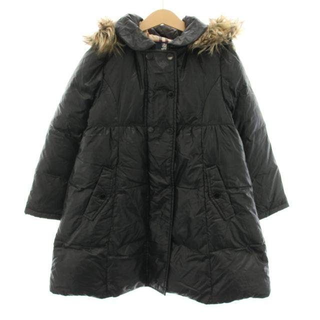 【中古】バーバリー BURBERRY ダウンコート フード フェイクファー 裏地チェック柄 130A 黒 BN414-761-09 キッズ