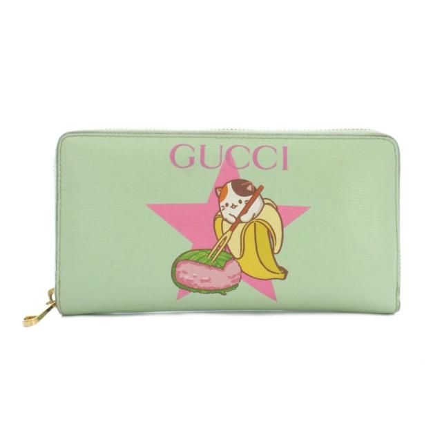 【中古】グッチ GUCCI × ばなにゃ 長財布 ラウンドファスナー レザー 緑 701060 /BM ■OH レディース