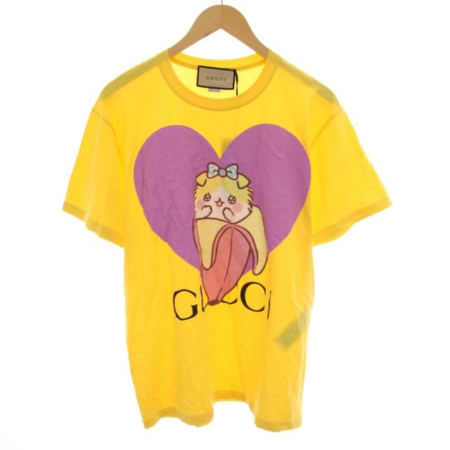 【中古】グッチ ばなにゃ Tシャツ クルーネック 半袖 プリント オーバーサイズ S 黄 ピンク 615044 レディース