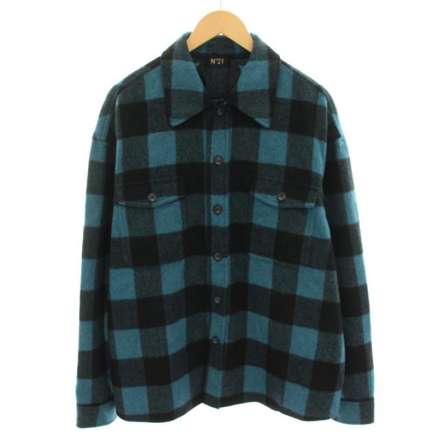 【中古】ヌメロヴェントゥーノ N°21 ブロックチェックウールシャツ 長袖 46 青 ブルー 黒 20AU-0012-3168 メンズ
