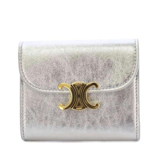 【中古】セリーヌ CELINE スモール フラップウォレット トリオンフ 三つ折り財布 レザー シルバーカラー /KH ■OH