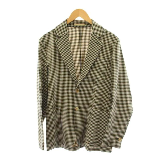 【中古】カルーゾ elba テーラードジャケット シングル チェック柄 リネン 麻 46 ベージュ 黒 MB01S37