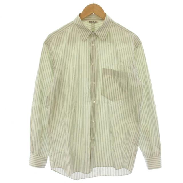 【中古】オーラリー AURALEE 22SS FINX STRIPE SHIRTS シャツ 長袖 ストライプ柄 3 黄緑 A22SS01FS /BM メンズ
