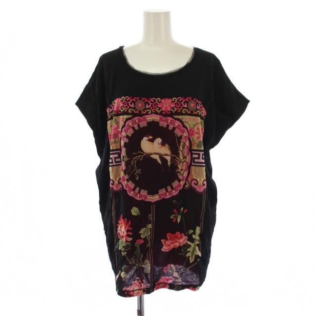 【中古】ヴィヴィアンタム VIVIENNE TAM チュニック カットソー 半袖 文鳥 ラブバード 1 黒 ピンク レディース