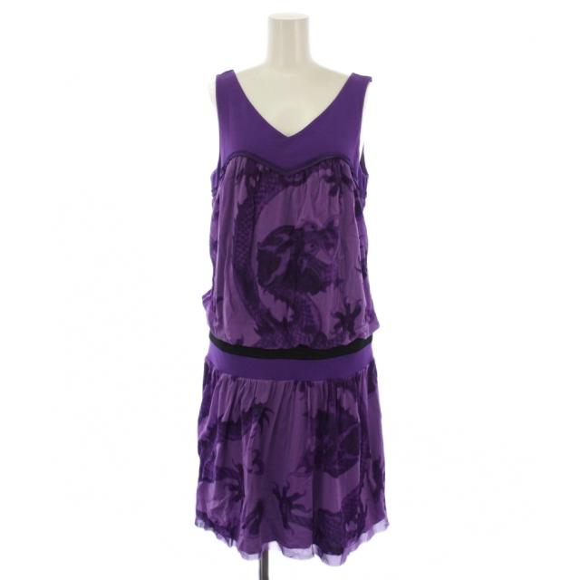 【中古】ヴィヴィアンタム VIVIENNE TAM ワンピース ひざ丈 ノースリーブ Vネック 龍柄 2 紫 レディース