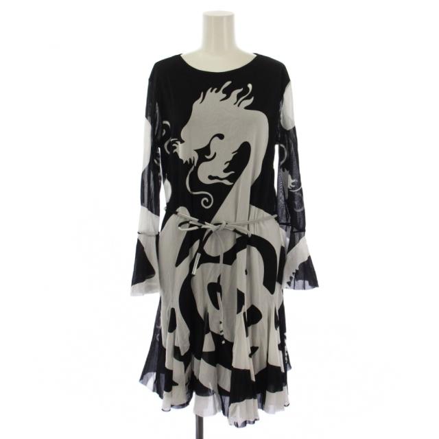 【中古】未使用品 ヴィヴィアンタム VIVIENNE TAM ワンピース ひざ丈 長袖 龍モチーフ 40 黒 白 レディース