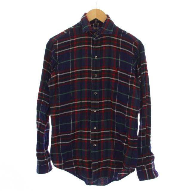 【中古】ポロ ラルフローレン POLO RALPH LAUREN CUSTOM FIT シャツ 長袖 チェック柄 ロゴ刺繍 XS ネイビー 赤 メンズ