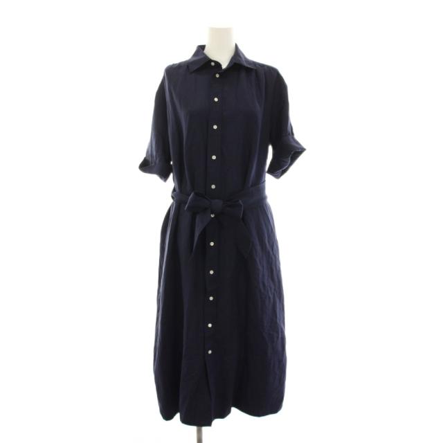 【中古】ポロ バイ ラルフローレン Polo by Ralph Lauren シャツワンピース ロング シルク混 リネン混 半袖 2 紺