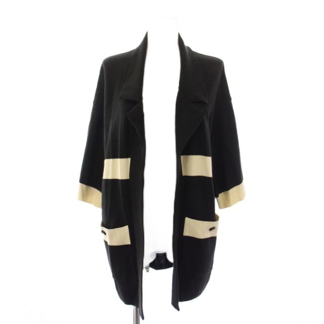 【中古】シャネル CHANEL ニットカーディガン トッパー 半袖 ココマークボタン 黒 ブラック ベージュ レディース