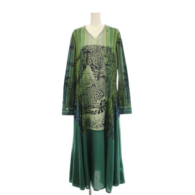 【中古】エルメス HERMES JUNGLE LOVE シャツワンピース 長袖 ロング シルク カシミヤコットン 36 緑 /KH レディース