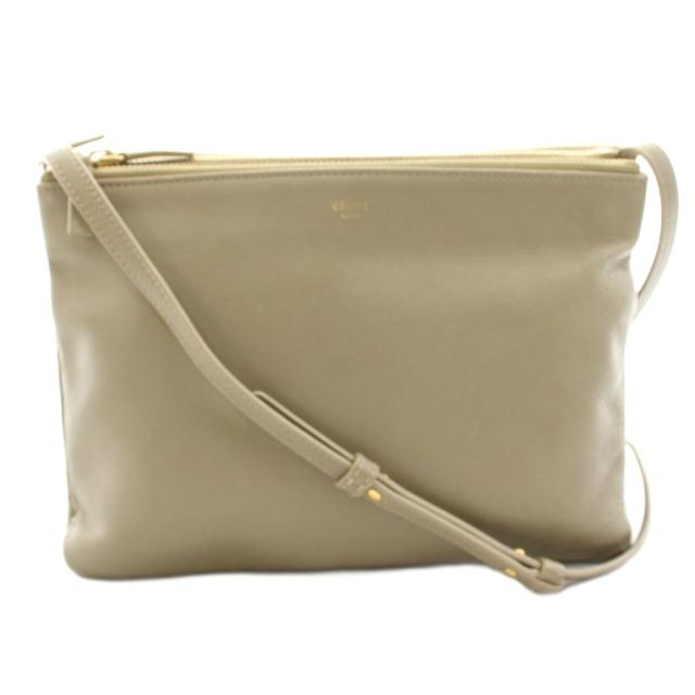 【中古】セリーヌ CELINE トリオ ラージ ショルダーバッグ ポーチ レザー グレージュ /KU ■OH レディース