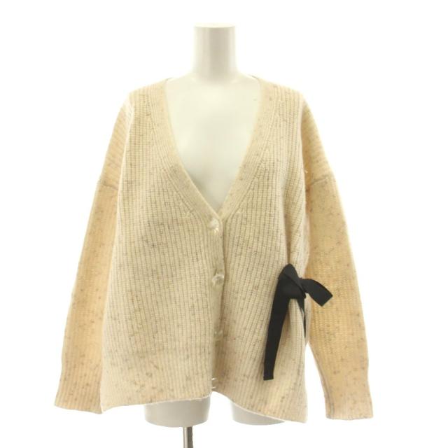 【中古】ロシャス ニットカーディガン 長袖 Vネック ウール カシミヤ混 リボン ラメ糸 XS ベージュ 12-158-12-081701