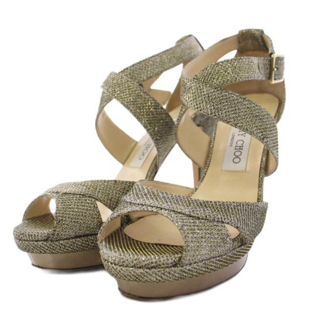 【中古】ジミーチュウ JIMMY CHOO サンダル ハイヒール オープントゥ グリッター 36 シルバー ゴールド レディース
