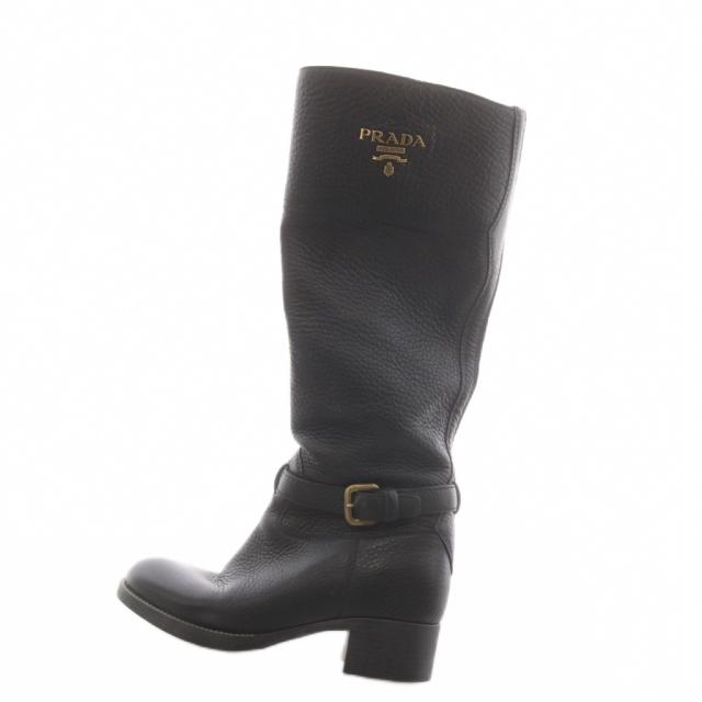 【中古】プラダ PRADA ロングブーツ チャンキーヒール ロゴ レザー 23.0cm 黒 ブラック /AN15 レディース