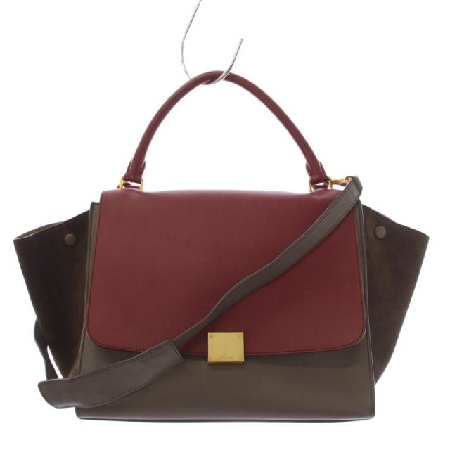 【中古】セリーヌ CELINE トラペーズ ミディアム ハンドバグ ショルダーバッグ 2WAY レザー 赤 グレージュ /AN ■OH