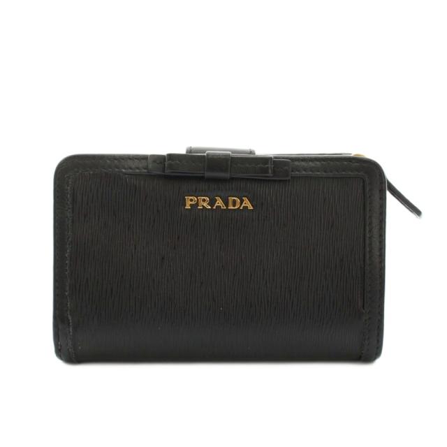 【中古】プラダ PRADA 二つ折り財布 コンパクトウォレット レザー リボンモチーフ 黒 ブラック /YM ■OH レディース