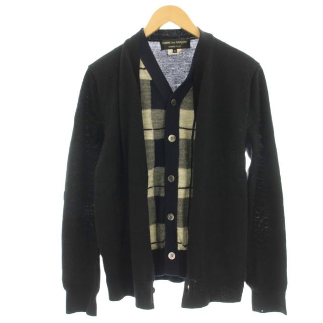 【中古】コムデギャルソン HOMME PLUS AD2010 レイヤード カーディガン チェック ニット ウール 黒 ネイビー