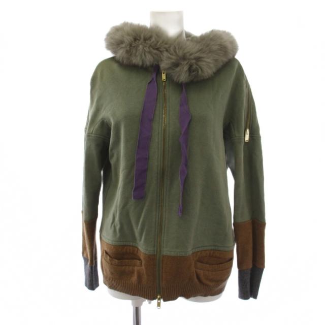 【中古】アンダーカバー UNDERCOVER ジップアップパーカー ジャケット フォックスファー 1 緑 茶 レディース