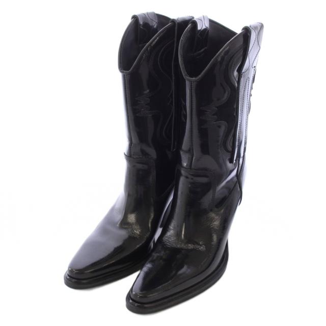 【中古】ディーゼル DIESEL D-WESTERNレザーウエスタンブーツ ミドルブーツ エナメル スエード 37 黒 レディース