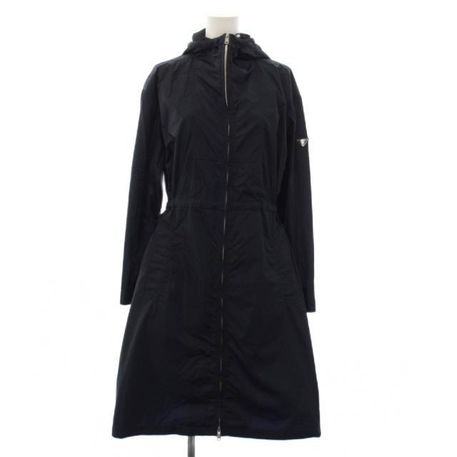 【中古】プラダ PRADA フーテッドコート ロング トライアングルロゴ ナイロン 38 紺 291788 R201 Q04 /KH レディース