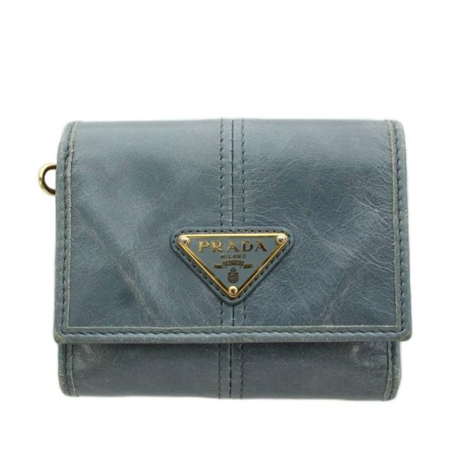 【中古】プラダ 三角プレート トライアングルロゴ ソフトルックス 財布 三つ折り 小銭入れ ブルーグレー 65231