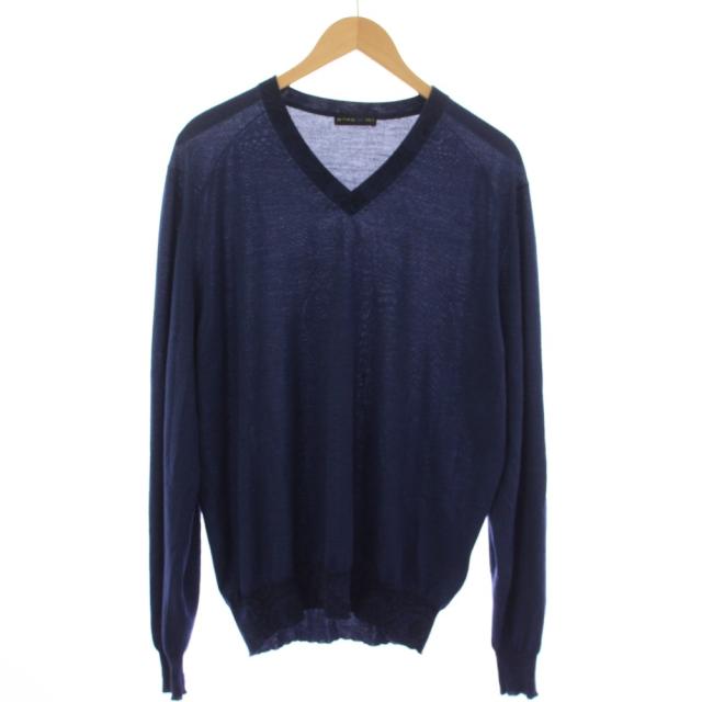 【中古】エトロ ETRO ニット セーター シルク混 カシミヤ混 長袖 Vネック 総柄 XL 紺 ネイビー 152-1M101-9540 メンズ
