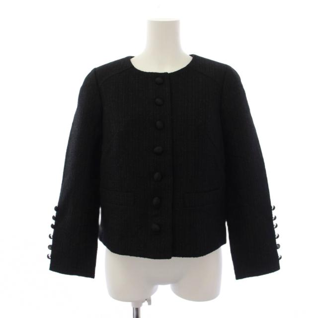 【中古】ルネ Rene 21年製 ノーカラージャケット ツイード ウール 34 黒 紺 6143260 /BM レディース