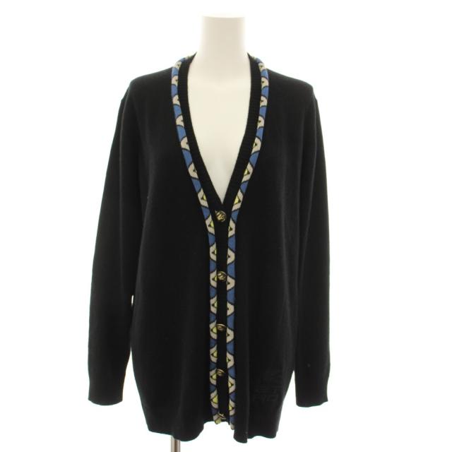 【中古】エトロ ETRO ニットカーディガン Vネック 長袖 ロゴ刺繍 カシミヤ混 40 黒 ブラック 青 ブルー レディース
