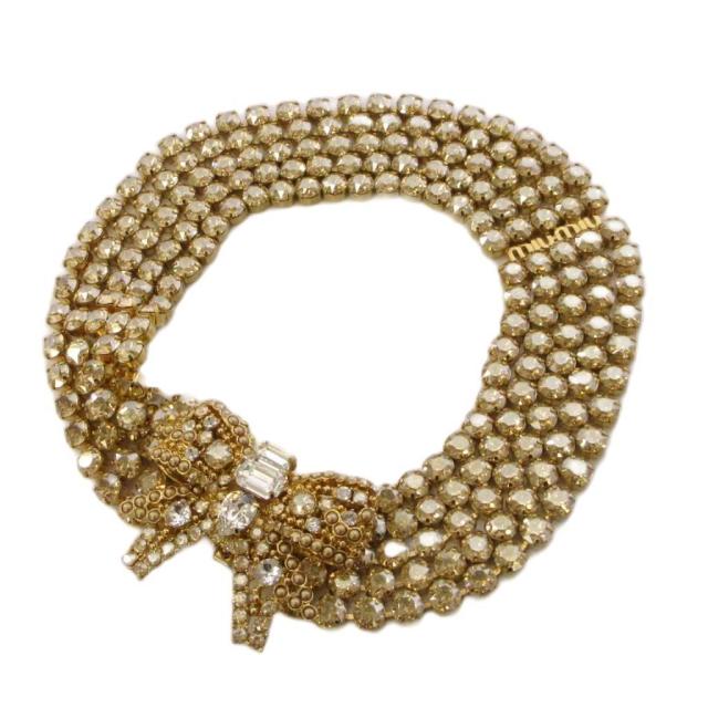 【中古】ミュウミュウ miumiu ネックレス ペンダント リボン ビジュー メタル ラインストーン ゴールド レディース
