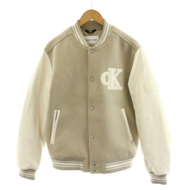 【中古】カルバンクラインジーンズ バーシティ ボンバージャケット スタジャン ロゴ S アイボリー ベージュ J324433