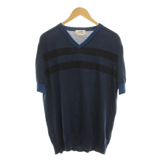【中古】エルメス HERMES サマーニット セーター カットソー Vネック ボーダー 半袖 XL 紺 /YM メンズ