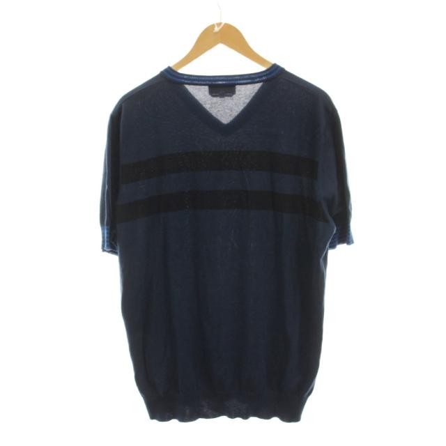 【中古】エルメス HERMES サマーニット セーター カットソー Vネック ボーダー 半袖 XL 紺 /YM メンズ_1