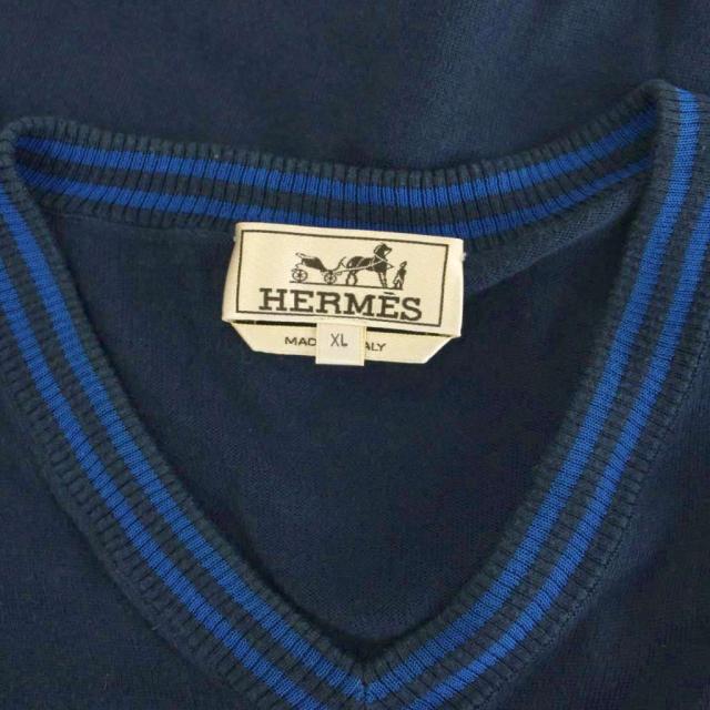 【中古】エルメス HERMES サマーニット セーター カットソー Vネック ボーダー 半袖 XL 紺 /YM メンズ_3