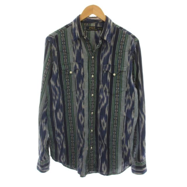 【中古】ポロ ラルフローレン POLO RALPH LAUREN ウエスタンシャツ S/P 紺 ネイビー 緑 グレー ストライプ柄 総柄