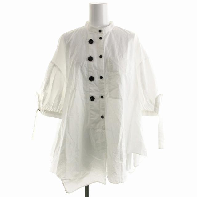 【中古】エンフォルド ENFOLD 24SS WAVE-HEM SHIRT シャツ ブラウス ボリューム袖 ノーカラー コットン 半袖 38 Mの通販はブラウス